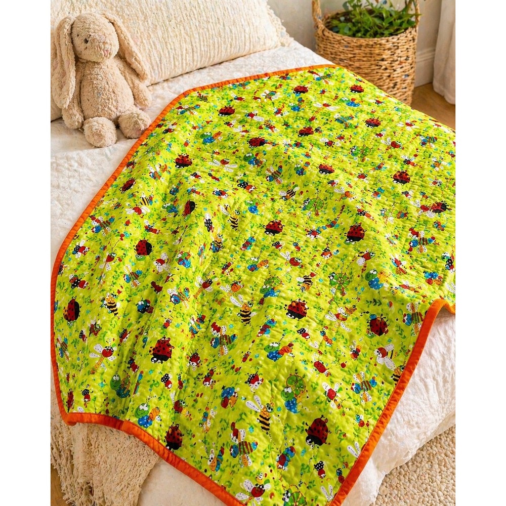 Handmade Tender Loving Care Baby Quilt Bug Print Ladybug Bee Nursery 34x50